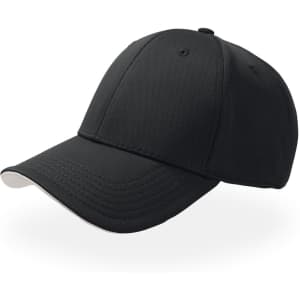 A black cap with a curved brim and a logo on the front, featuring stitching detail.