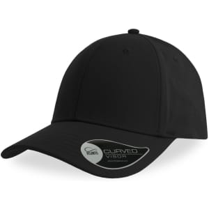 A black cap with a curved visor and a logo on the side.