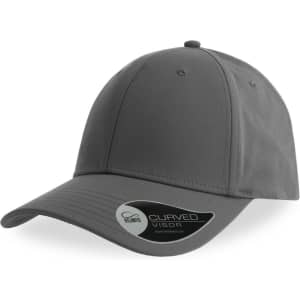 A grey cap with a curved visor and a logo, featuring a smooth design and adjustable fit.