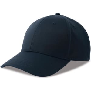 A navy cap made from recycled polyester, featuring a curved brim and an adjustable strap at the back.