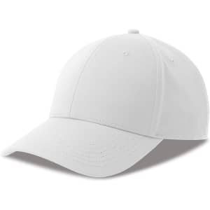 A white cap with a curved brim, featuring stitching details and a logo on the front.