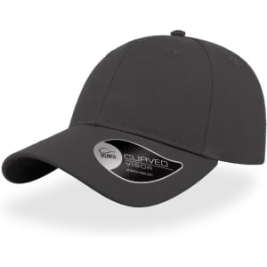 A grey cap with a curved visor and a branding tag visible on the side.