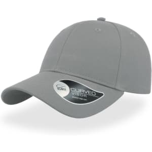 A grey cap with a curved visor and a logo on the side.
