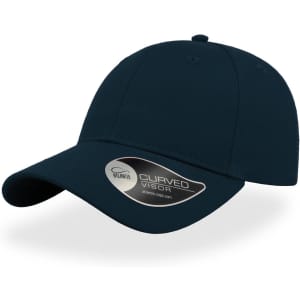A navy cap with a curved visor and a logo on the side.