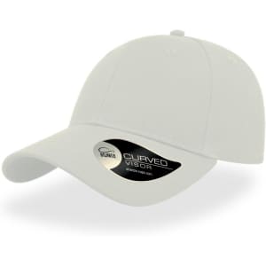 A light-coloured cap with a curved visor and a logo on the side.