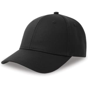 A black cap made from recycled and organic cotton, featuring a vented top and a curved brim.