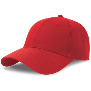 A red cap made from recycled and organic cotton, featuring a simple design and a front panel for branding.