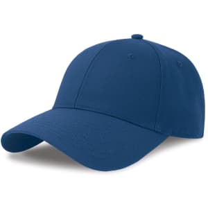 A blue cap made from recycled and organic cotton, featuring a solid design and a logo.