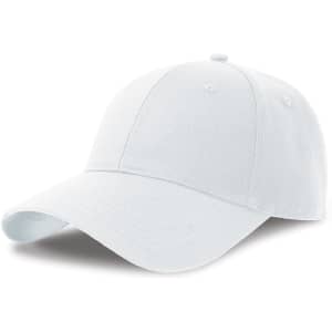 A white cap made from recycled organic cotton, featuring a curved brim and an embroidered logo.