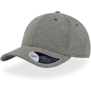 A grey cap with a mid visor and a logo on the side, featuring a structured design.