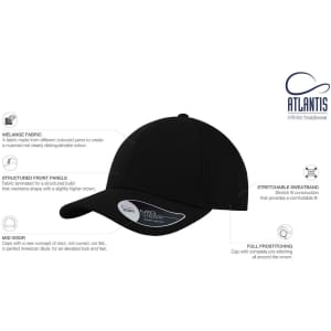 A black cap made from melange fabric with structured front panels and a mid visor, featuring stretchable material and a logo.