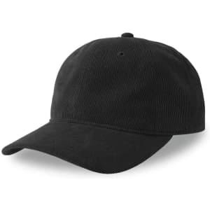 A black corduroy cap featuring a curved brim and a logo, suitable for casual wear.