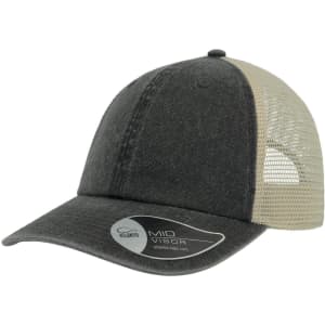 A trucker cap in dark grey with a beige mesh back and a curved brim. It features a logo on the side.