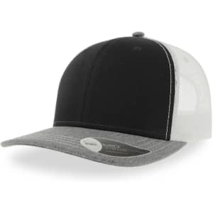 A black and grey trucker cap with a mesh back and a round, curved peak. It features a logo on the side.