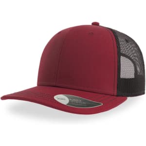A maroon trucker cap with a black mesh back and a curved brim, featuring a logo on the side.