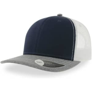 A navy blue and grey trucker cap with a mesh back and a branded label on the underside of the visor.
