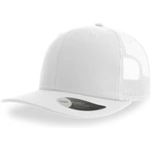 A white trucker cap featuring mesh panels and a curved brim. Includes a logo on the side.