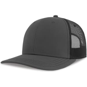 A dark grey trucker cap featuring a solid front panel and mesh back. It includes a branding logo.