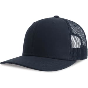 A navy trucker cap with a solid front and breathable mesh back, featuring a logo on the side.