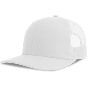 A white trucker cap featuring a solid front and mesh back, with a logo on the front.