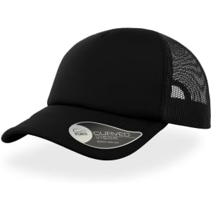 A black trucker cap featuring a curved visor and a mesh back, with a logo on the side.