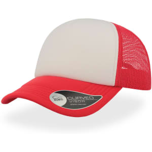 A red and grey trucker cap featuring a curved visor and a mesh back, with a logo on the side.