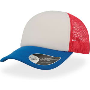 A trucker cap with a blue visor, grey front, and red mesh back, featuring a logo on the side.