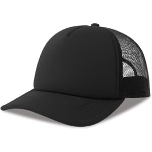 A black trucker cap made from recycled polyester, featuring a solid front and mesh back, complete with a logo.