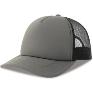 A grey trucker cap with a solid front and mesh back, featuring a logo on the front.