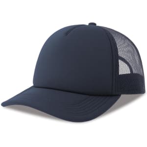 A navy trucker cap made from recycled polyester, featuring a mesh back and a curved brim.