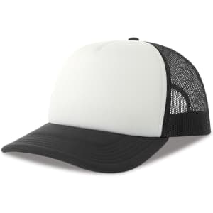 A trucker cap featuring a white front panel and a black brim with a mesh back. The cap includes a logo.