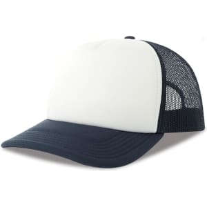 A trucker cap with a white front panel and navy blue brim and mesh sides, featuring a logo.