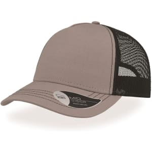 A beige cap with a black mesh back and a mid visor, featuring a logo on the side.