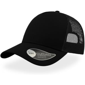 A black trucker cap with a curved visor and mesh panels, featuring a logo on the side.
