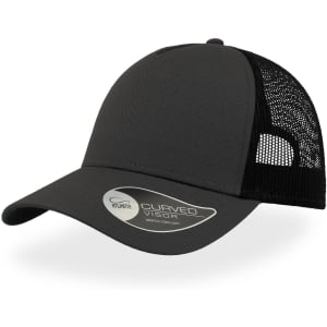 A black trucker cap with a curved visor and mesh back, featuring a branded logo on the side.
