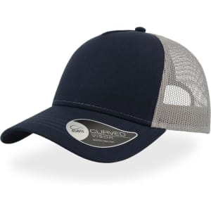 A navy trucker cap with a curved visor and a mesh back, featuring a logo on the side.