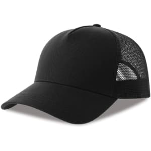 A black trucker cap with a solid front and mesh paneling on the sides, featuring a logo.