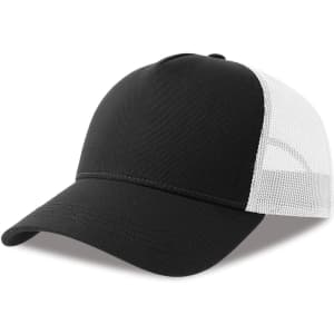 A black trucker cap with a white mesh back and a curved brim, featuring a logo on the front.