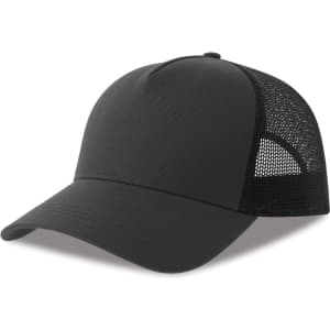 A trucker cap in black with a mesh back, featuring a solid front and a curved brim. It includes a logo.