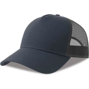 A navy blue trucker cap featuring a solid front and mesh back, with a curved brim and an attached logo.