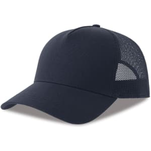 A navy trucker cap featuring a mesh back and a curved brim, with a logo on the front.