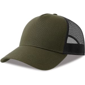 A trucker cap in olive green with a black mesh back and a solid front panel. Features a logo on the front.