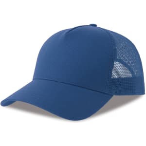 A blue trucker cap made from organic and recycled materials, featuring a mesh panel and a branding logo.