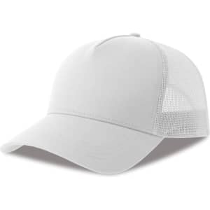 A white trucker cap featuring a solid front panel and mesh sides, with a slight curve in the brim.