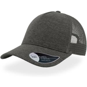 A grey trucker cap featuring a mesh back and curved peak, with a logo on the side.