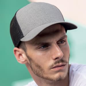 A grey cap with a black mesh back, featuring a structured design and an embroidered logo.
