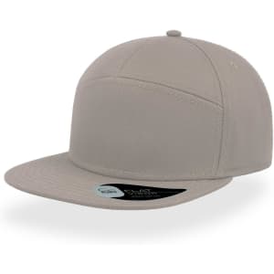A light grey cap with a flat brim and a branding label on the side.