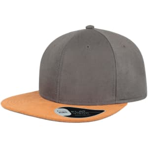 A grey cap with a tan flat brim and a logo on the side. The cap features a structured design.