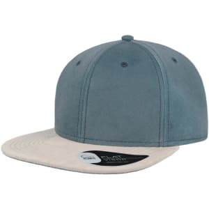A cap featuring a teal fabric body and a cream flat brim, with a logo on the side.