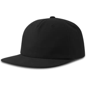 A black flat peak cap made from organic cotton, featuring a logo on the front.